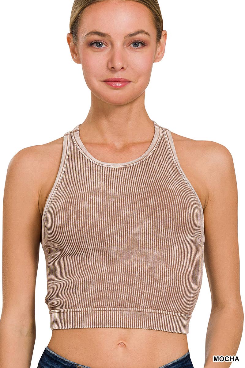 Stone Washed Ribbed Cropped Bra Padded Top