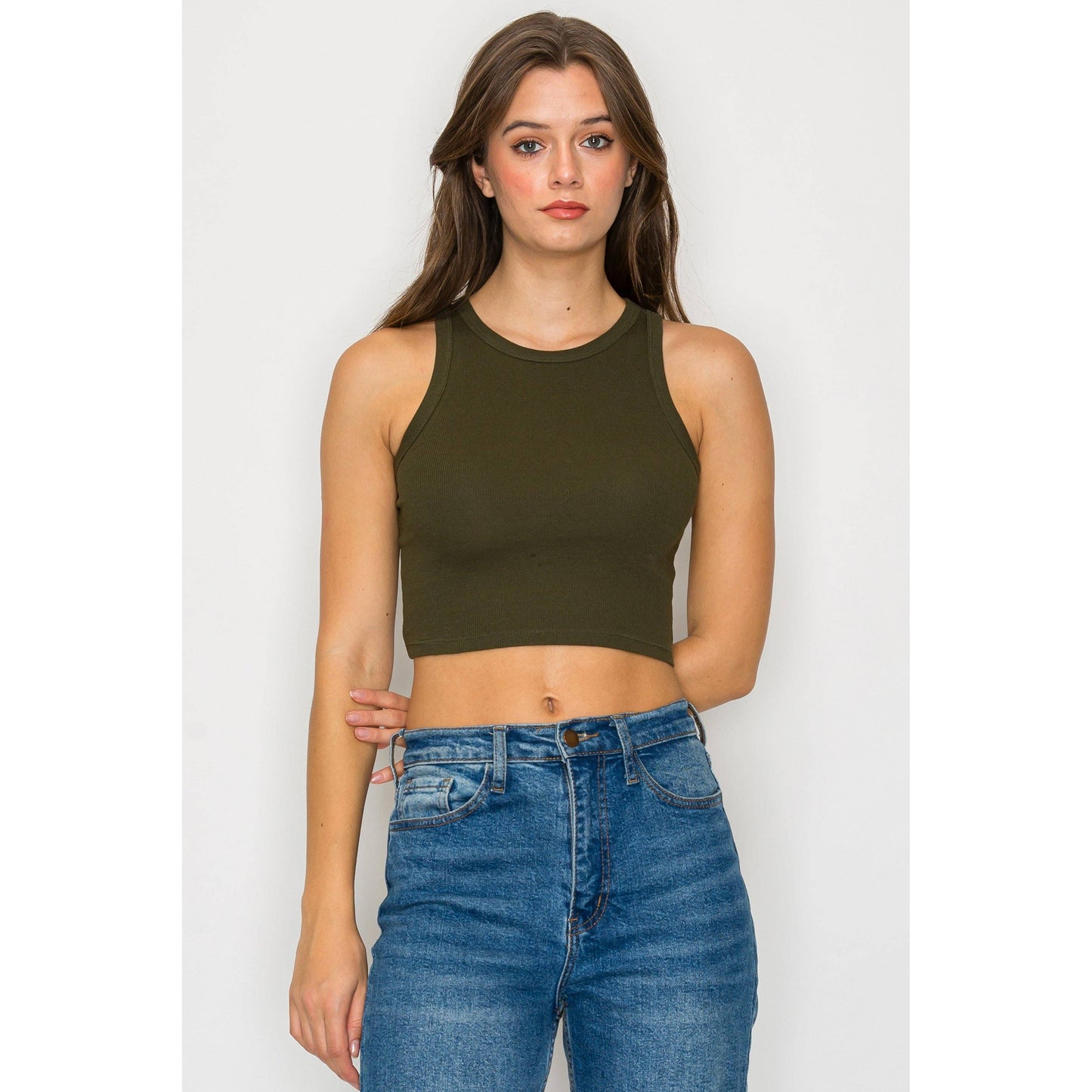 Cropped High Neck Ribbed Tank Top
