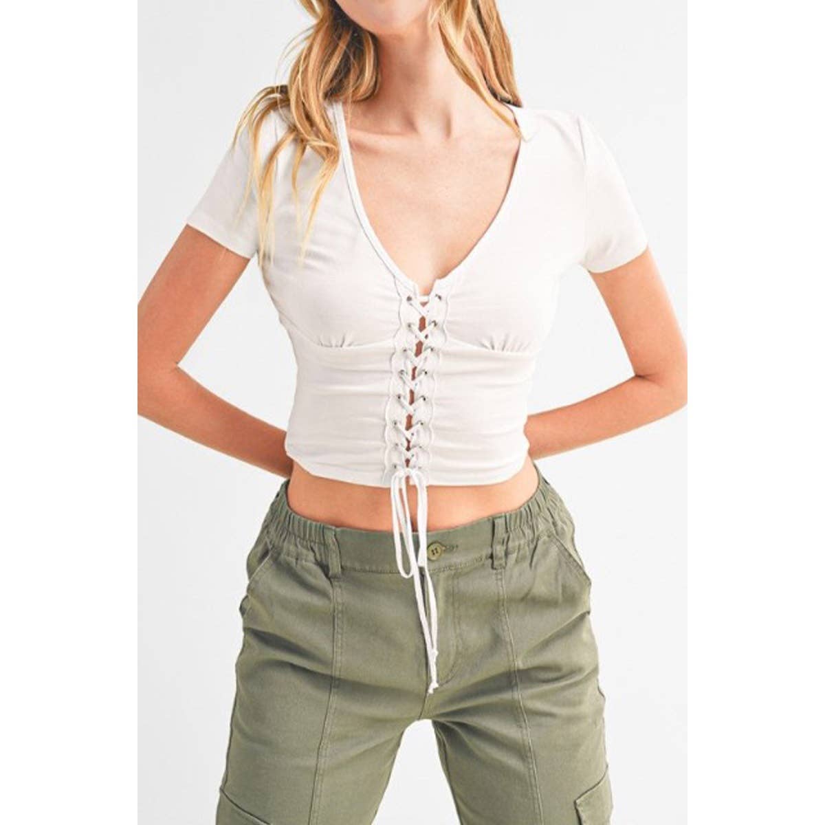 V NECK LACE UP SHORT SLEEVE CROP TOP