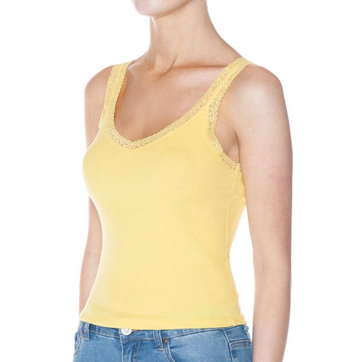 RIBBED V NECK LACE TRIMMED TANK TOP