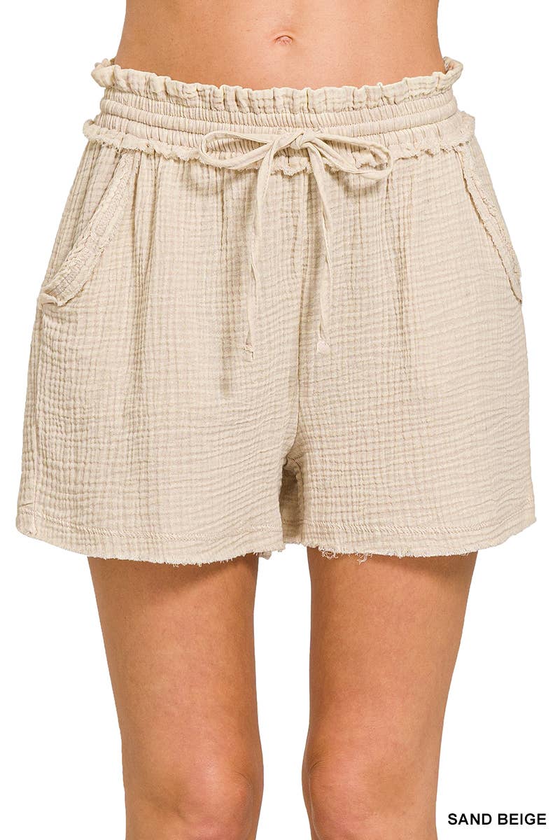 Washed Double Gauze Frayed Hem Drawstring Shorts