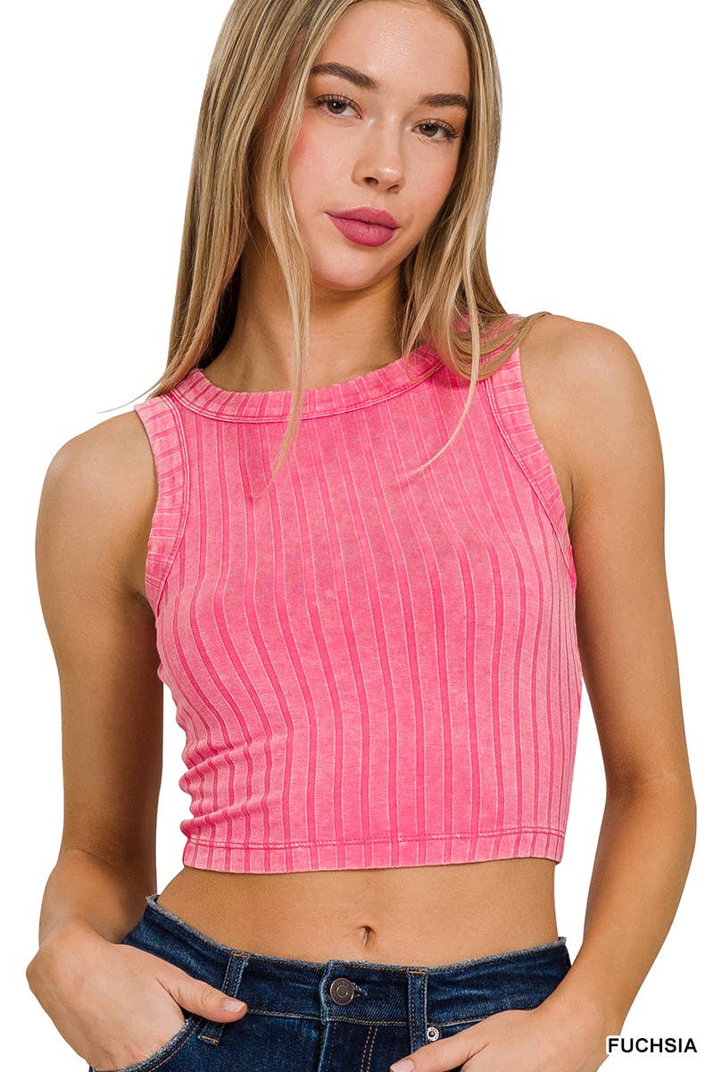 .SI-25755 Ribbed Washed Sleeveless Cropped Tank Top