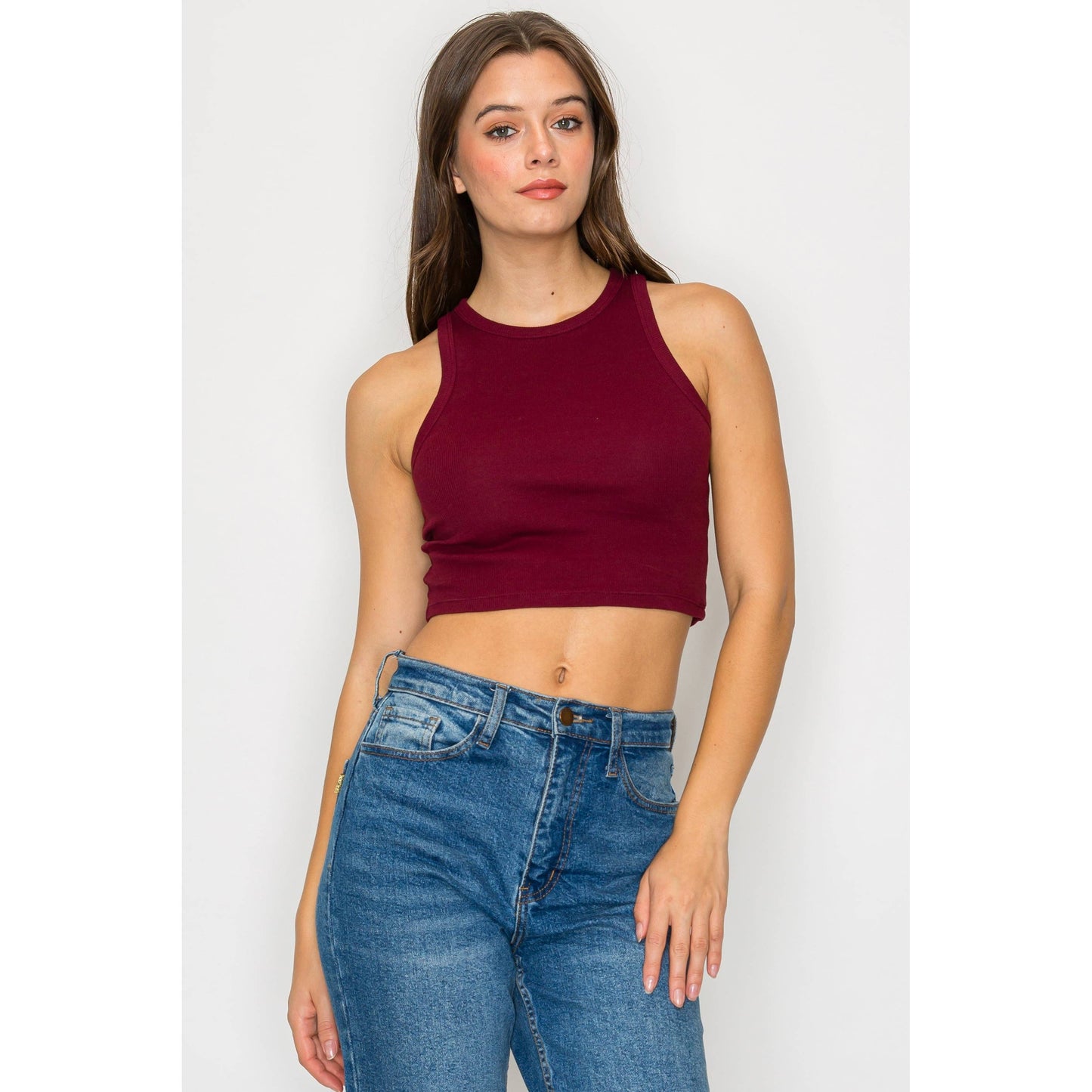 Cropped High Neck Ribbed Tank Top