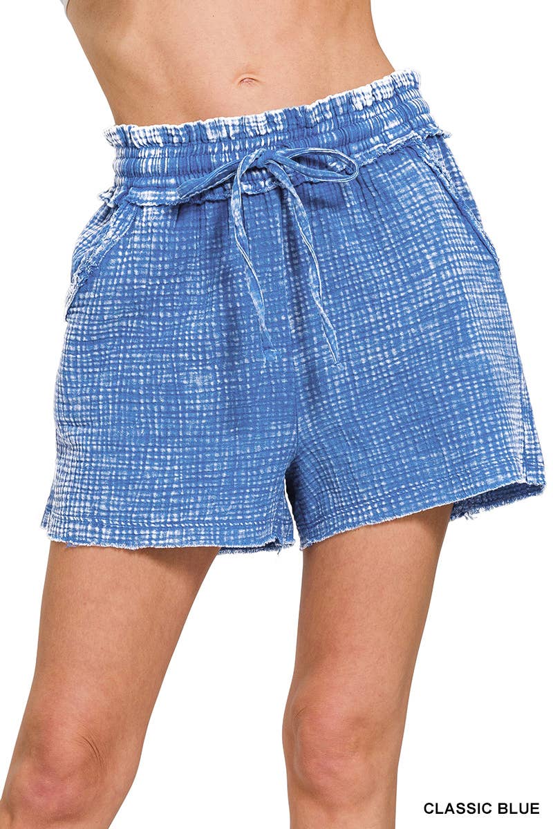 Washed Double Gauze Frayed Hem Drawstring Shorts