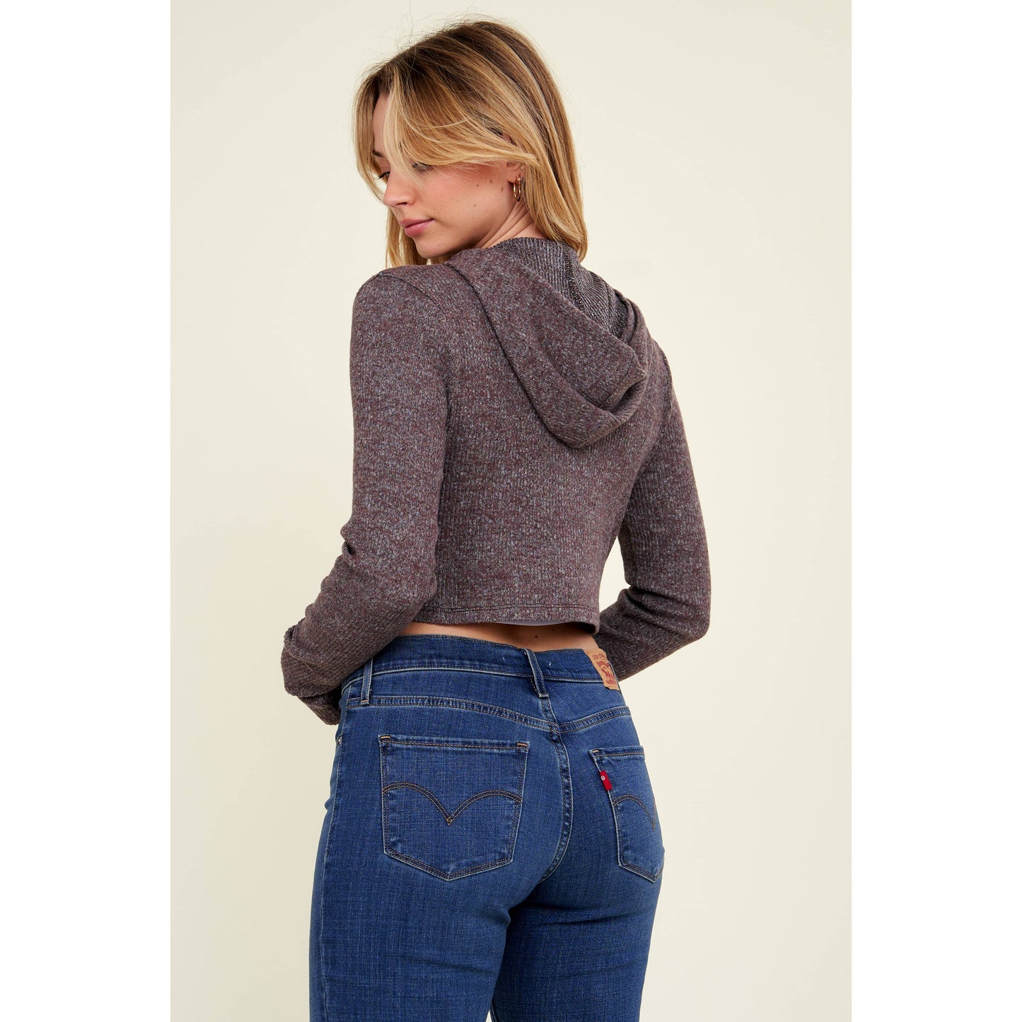 Hooded Zipper Front Rib Knit Cropped Jacket