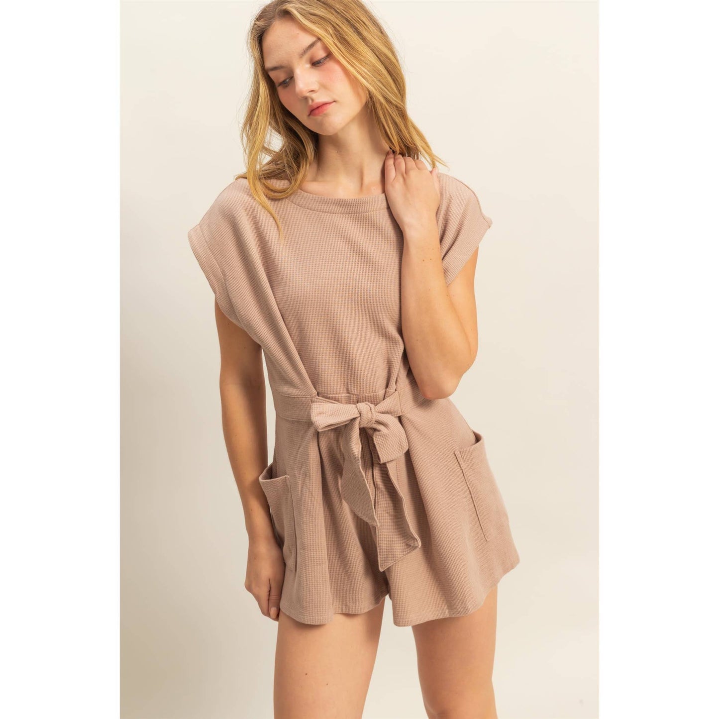 DZ25C387-Tie-Front Waffle Knitted Romper