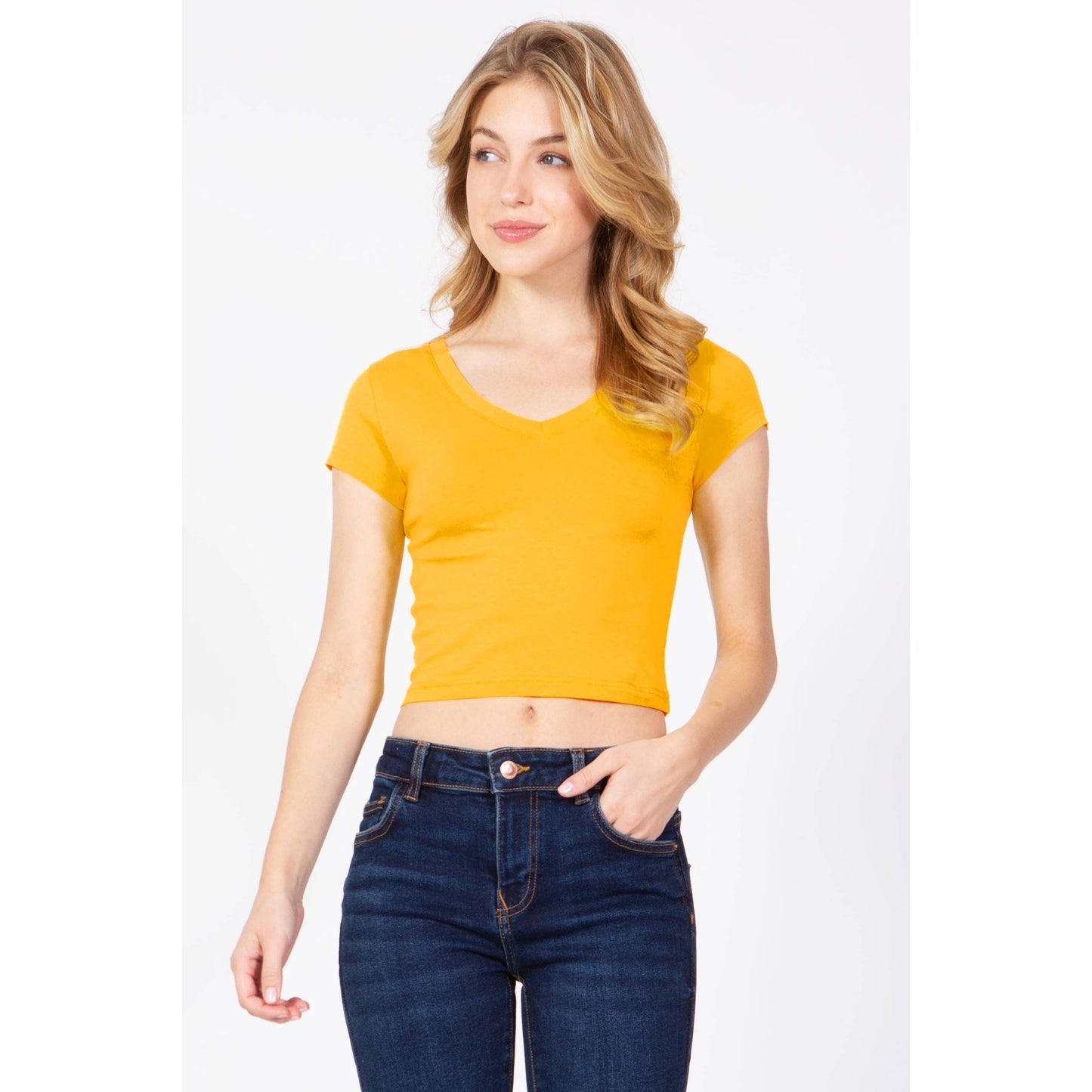 Short Sleeve V Neck Baby Tee Crop Top T Shirt