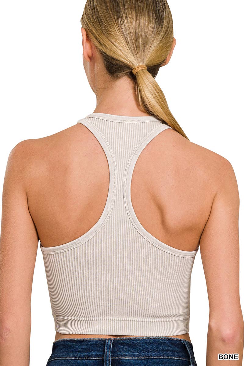 Stone Washed Ribbed Cropped Bra Padded Top