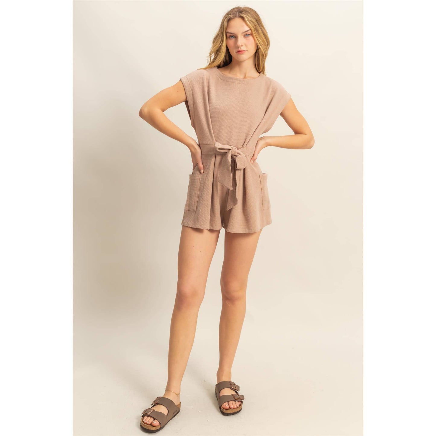 DZ25C387-Tie-Front Waffle Knitted Romper