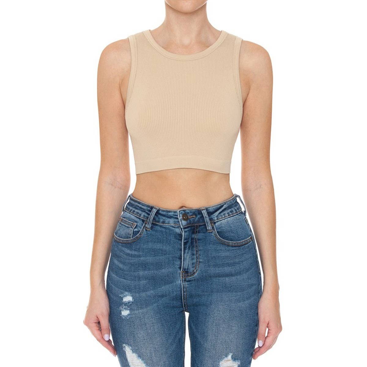 RIBBED ROUND NECK CROP SEAMLESS TANK TOP