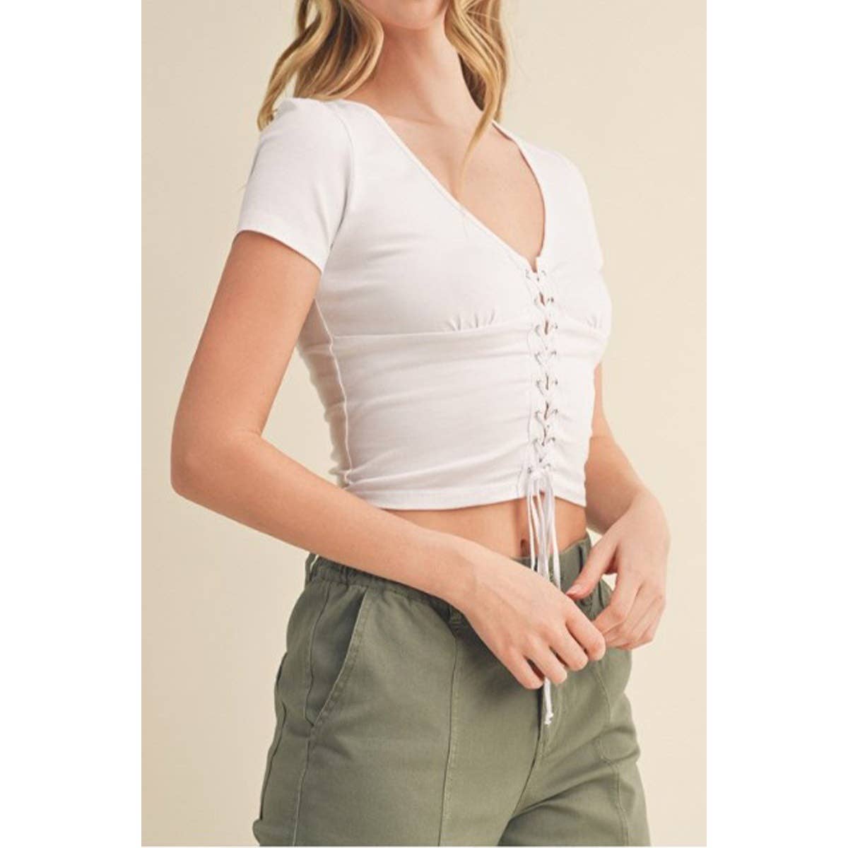 V NECK LACE UP SHORT SLEEVE CROP TOP