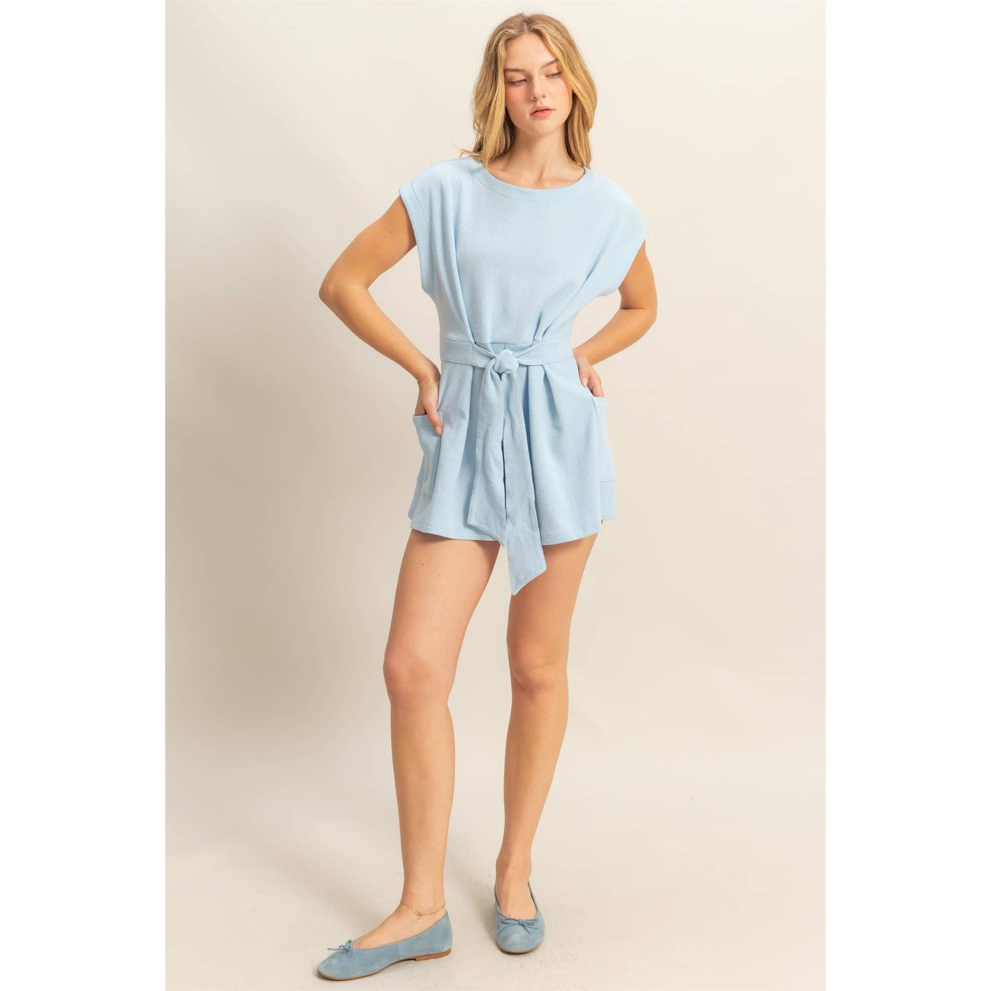 DZ25C387-Tie-Front Waffle Knitted Romper
