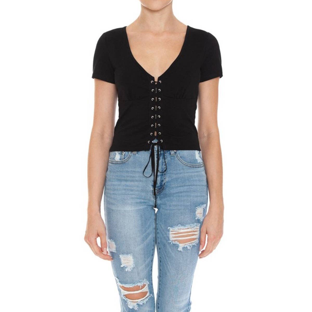 V NECK LACE UP SHORT SLEEVE CROP TOP