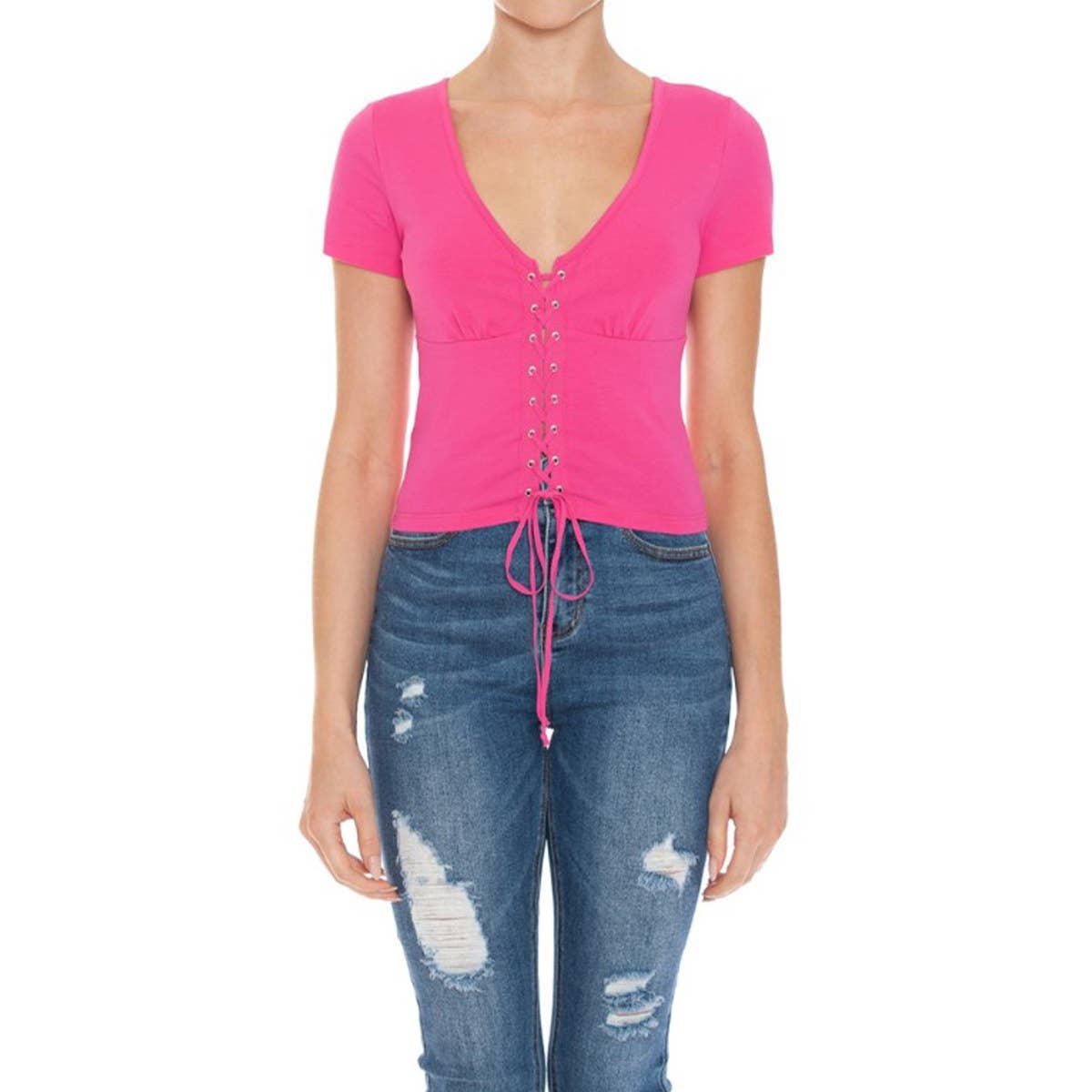 V NECK LACE UP SHORT SLEEVE CROP TOP