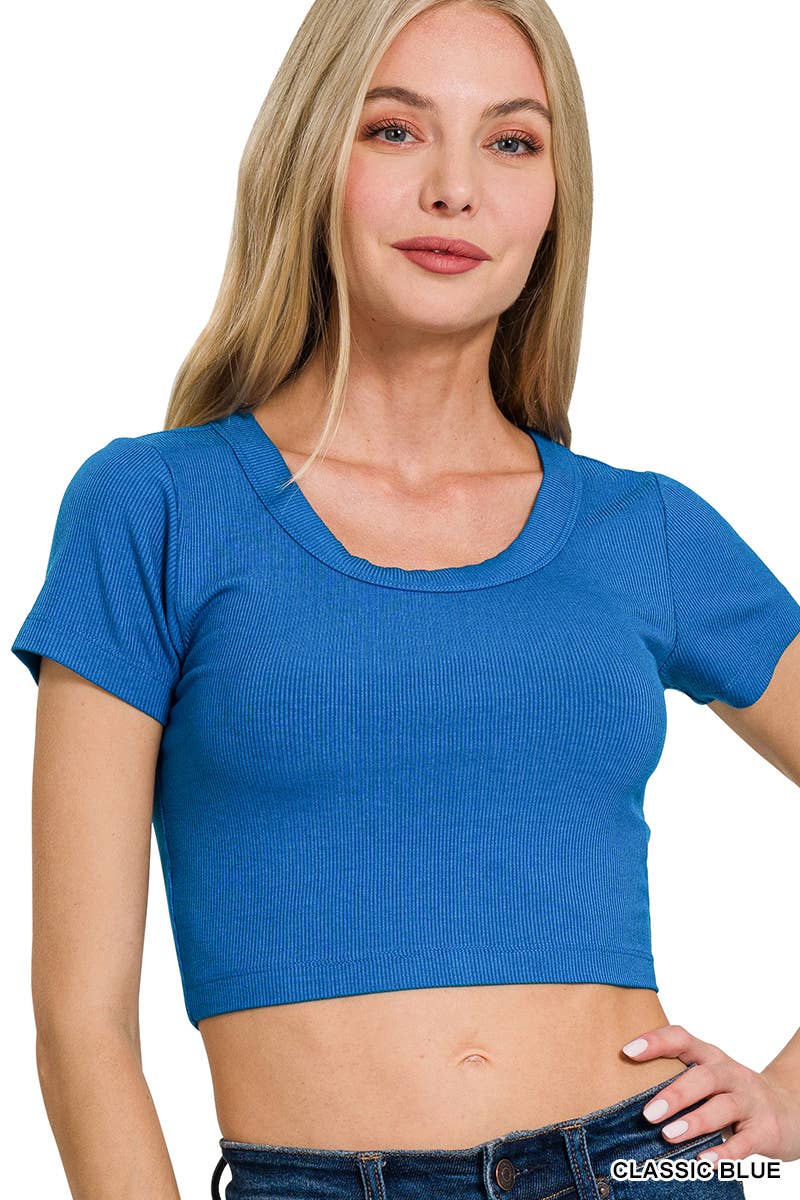Ribbed Scoop Neck Crop Short Sleeve Top