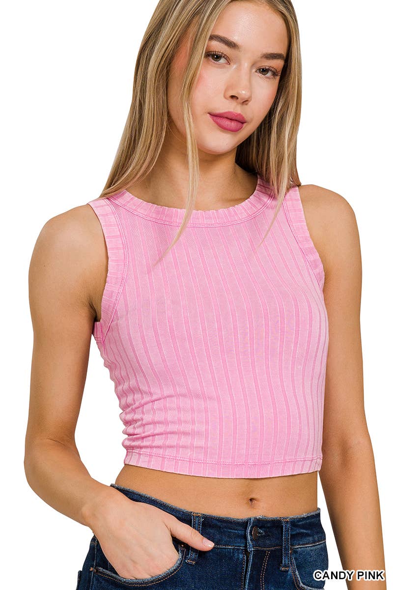 .SI-25755 Ribbed Washed Sleeveless Cropped Tank Top