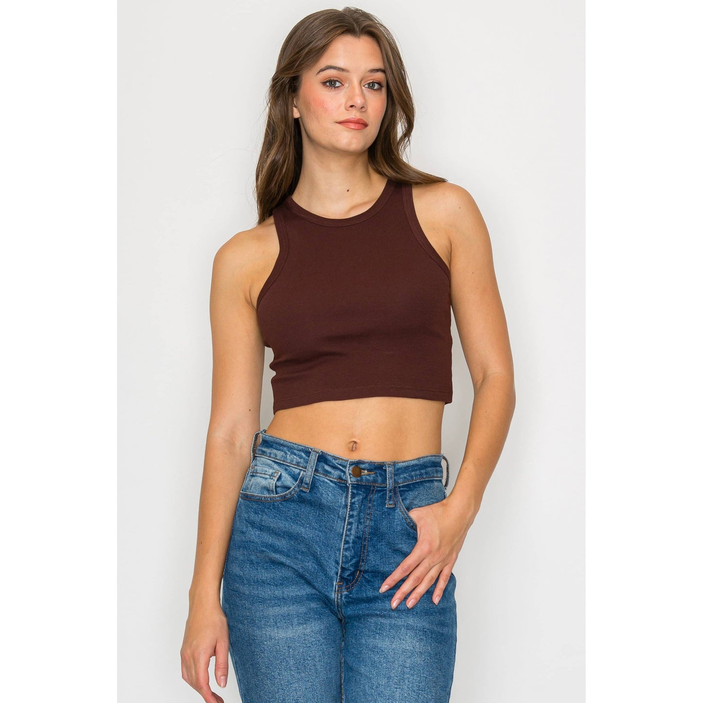 Cropped High Neck Ribbed Tank Top