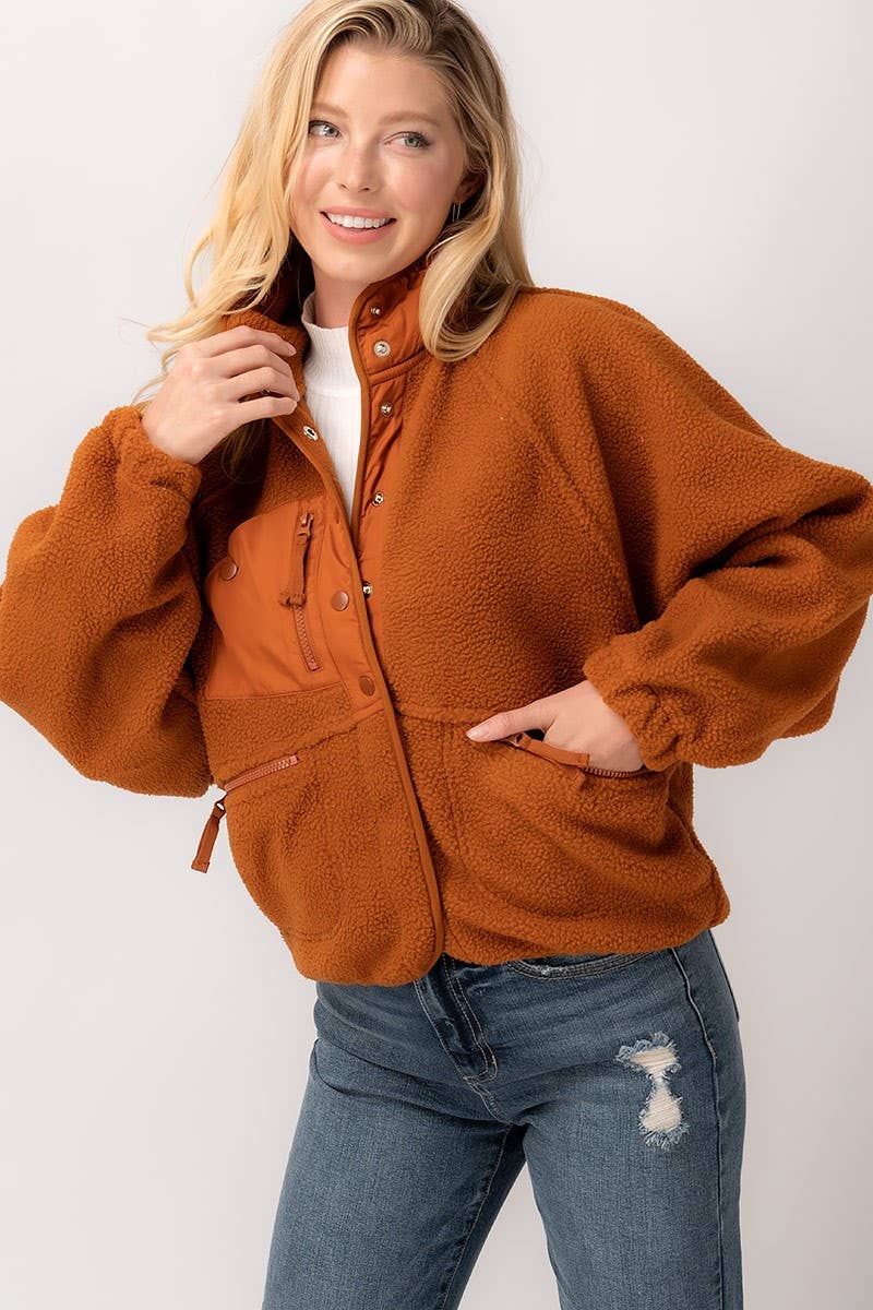 SHERPA FLEECE SNAP BUTTON ZIP POCKET JACKET