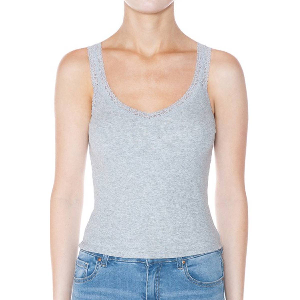 RIBBED V NECK LACE TRIMMED TANK TOP