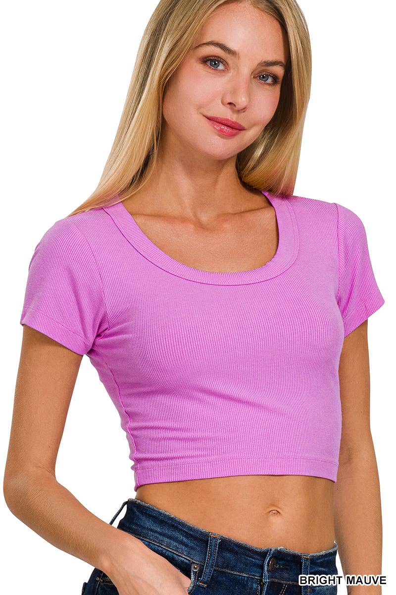 Ribbed Scoop Neck Crop Short Sleeve Top