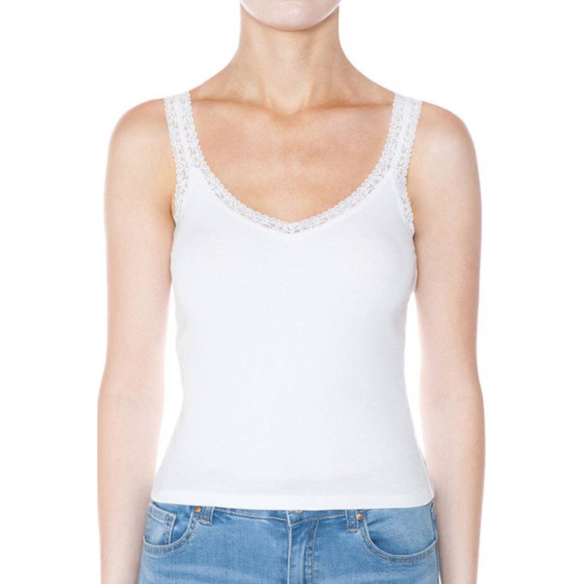 RIBBED V NECK LACE TRIMMED TANK TOP
