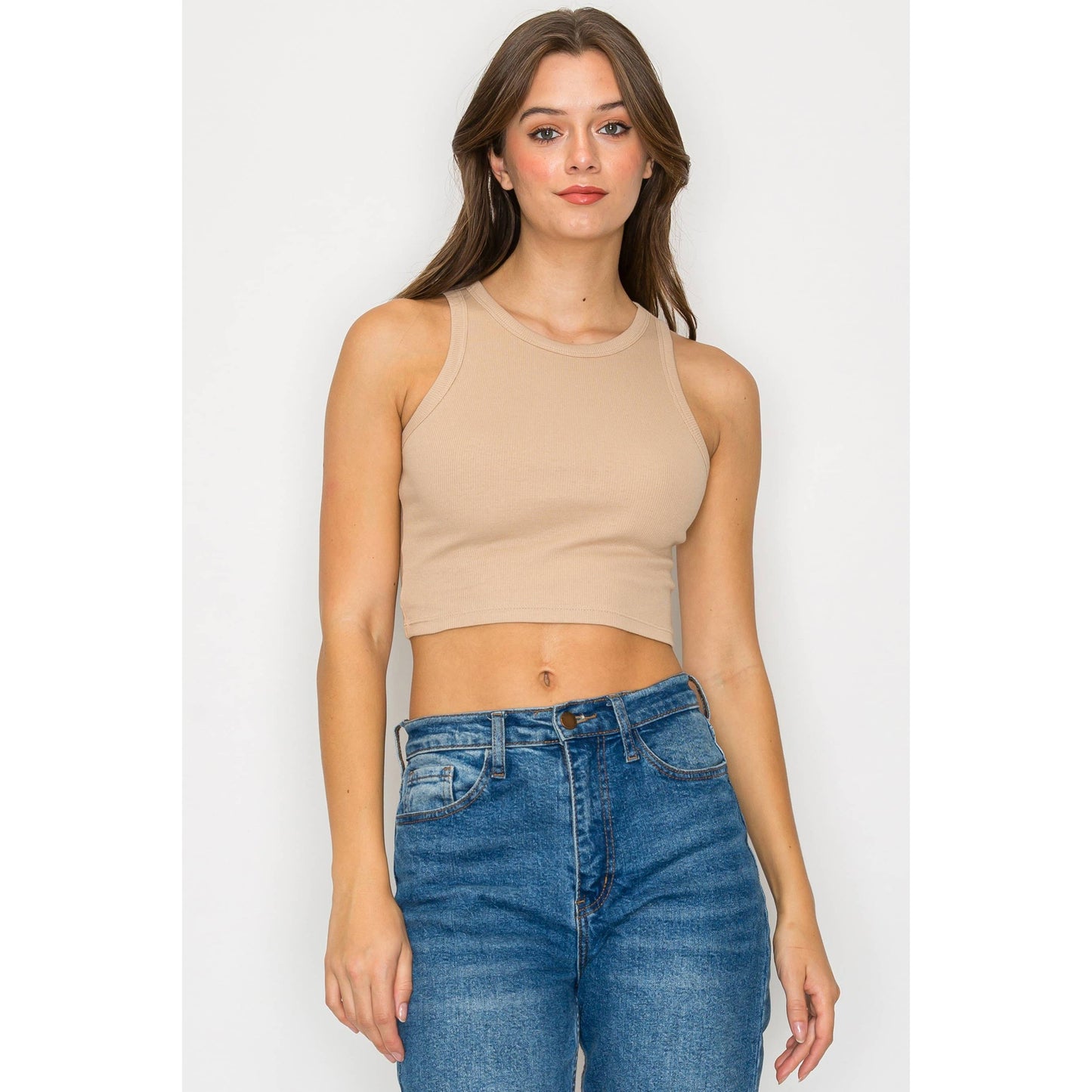 Cropped High Neck Ribbed Tank Top