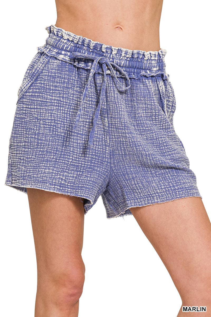 Washed Double Gauze Frayed Hem Drawstring Shorts