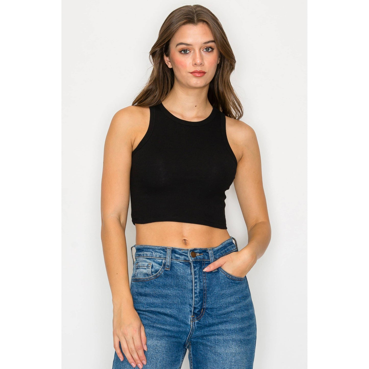 Cropped High Neck Ribbed Tank Top