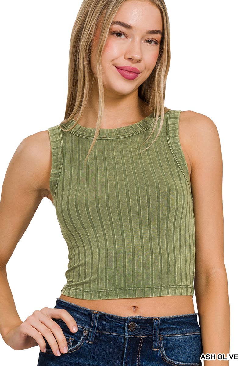 .SI-25755 Ribbed Washed Sleeveless Cropped Tank Top