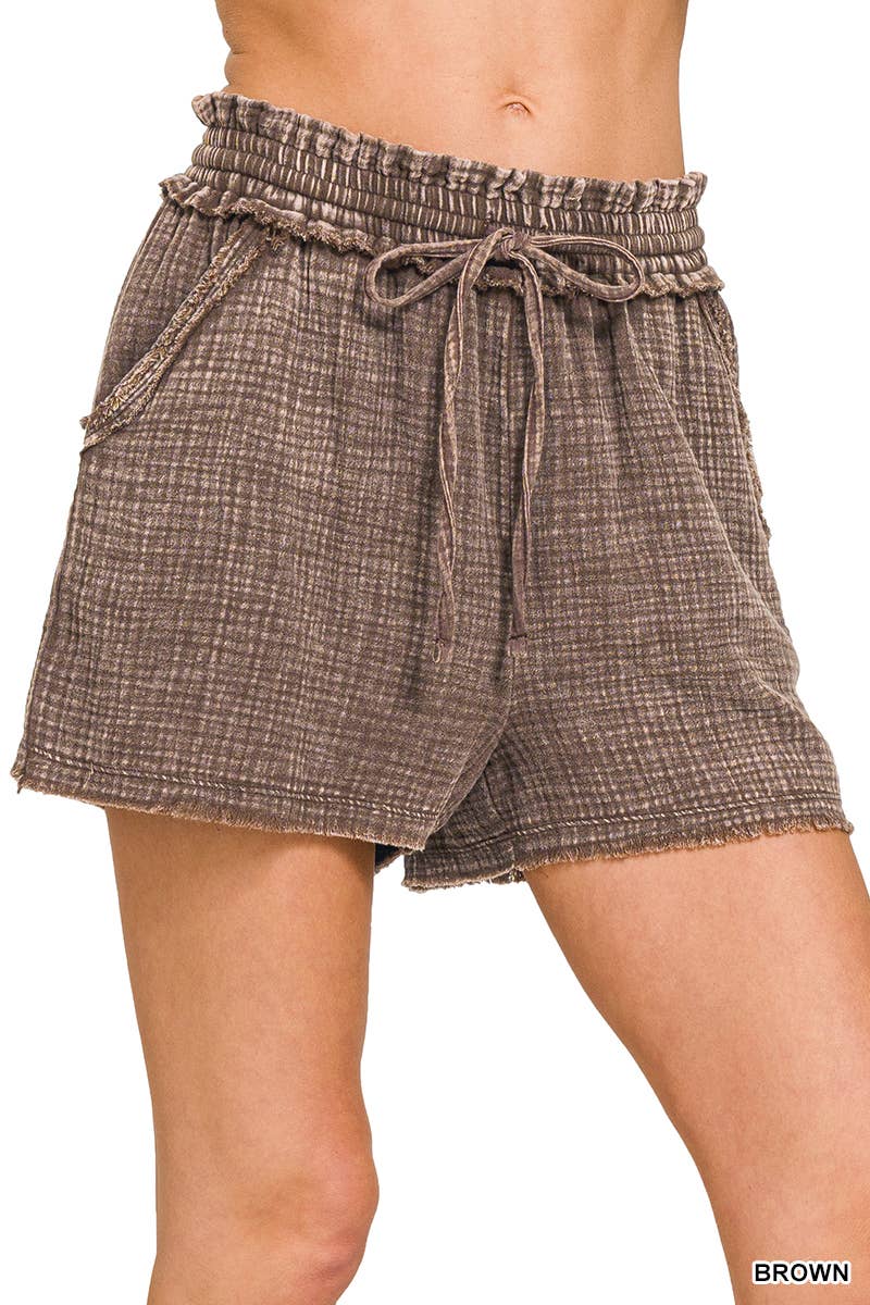 Washed Double Gauze Frayed Hem Drawstring Shorts