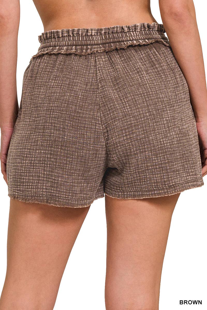 Washed Double Gauze Frayed Hem Drawstring Shorts