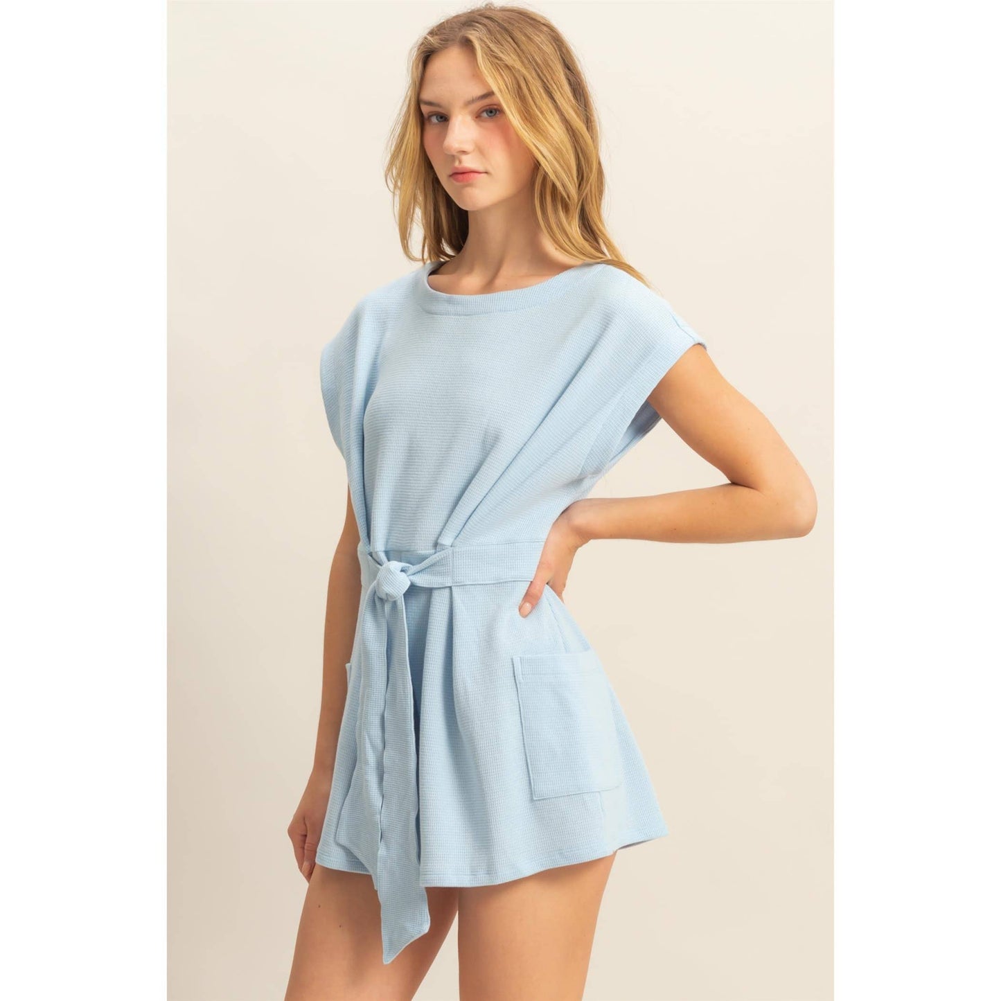 DZ25C387-Tie-Front Waffle Knitted Romper