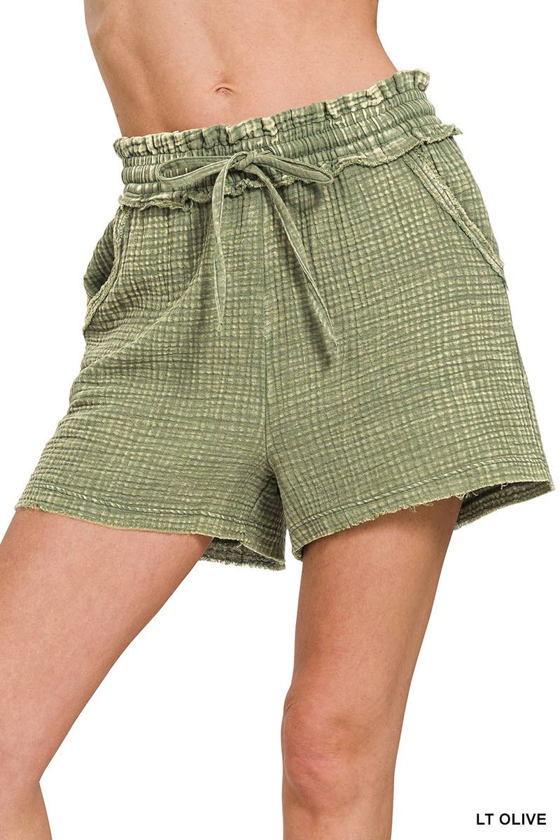 Washed Double Gauze Frayed Hem Drawstring Shorts