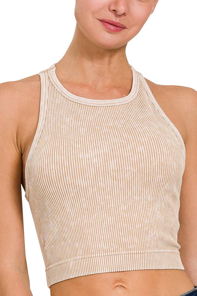 Stone Washed Ribbed Cropped Bra Padded Top