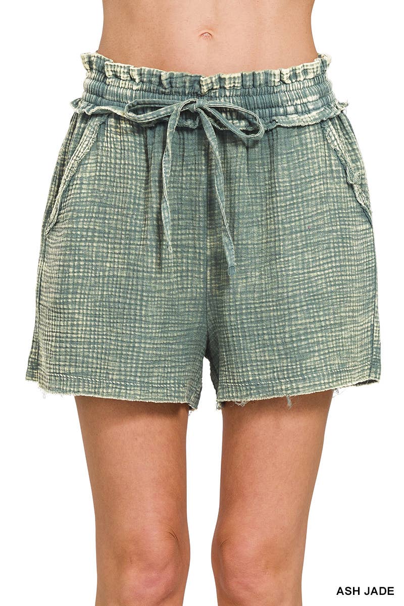 Washed Double Gauze Frayed Hem Drawstring Shorts