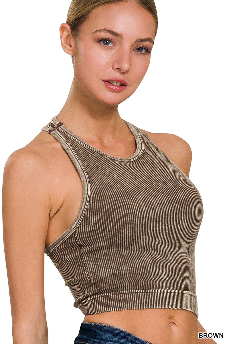 Stone Washed Ribbed Cropped Bra Padded Top