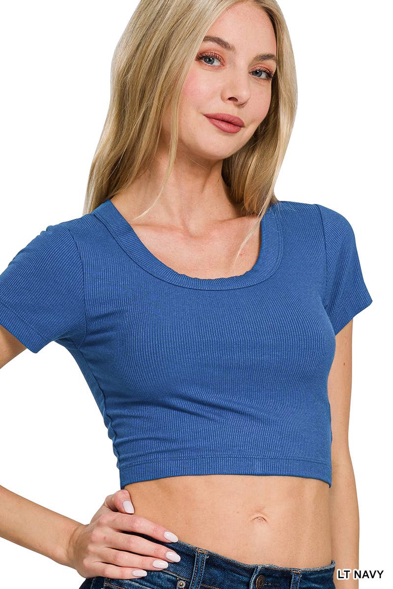 Ribbed Scoop Neck Crop Short Sleeve Top
