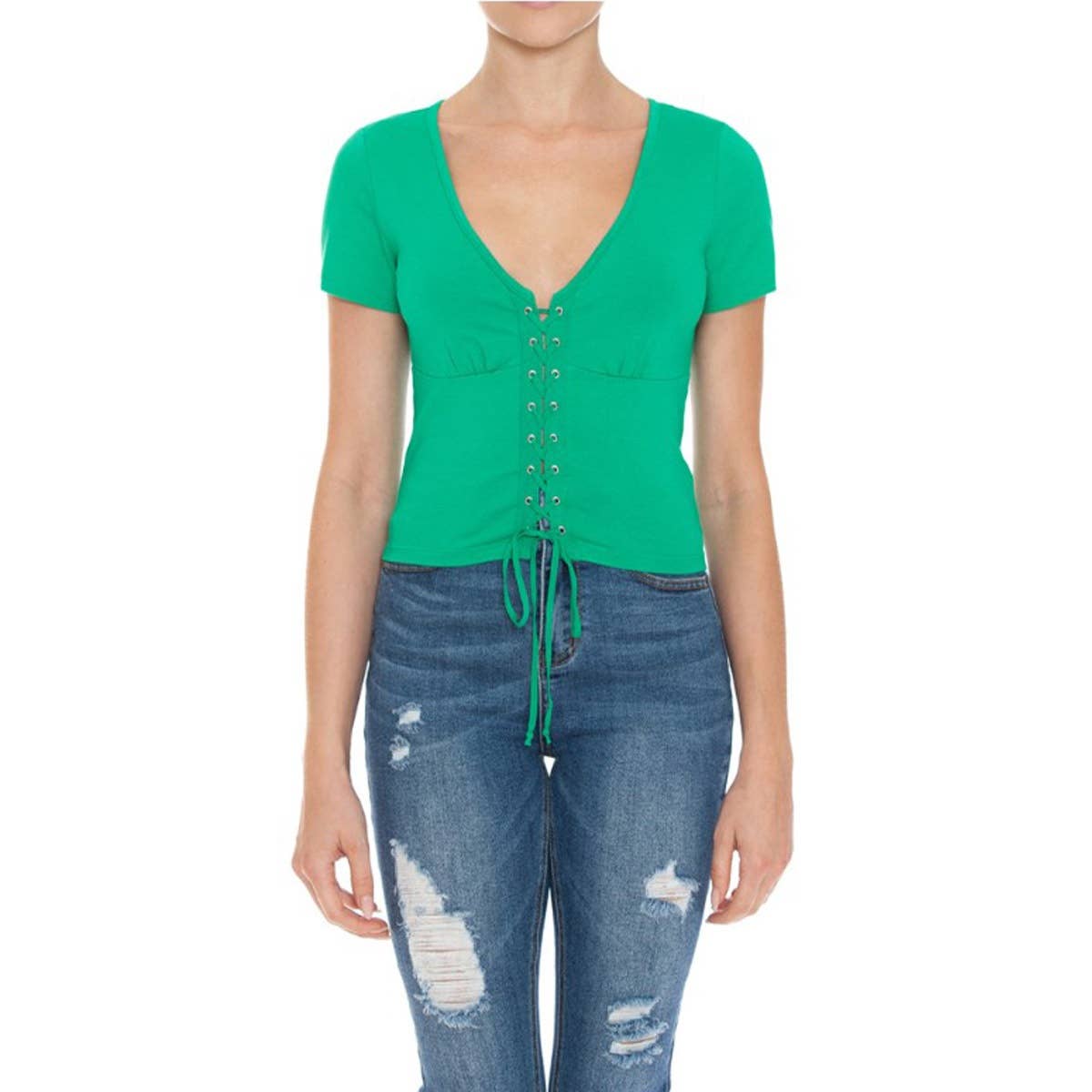 V NECK LACE UP SHORT SLEEVE CROP TOP