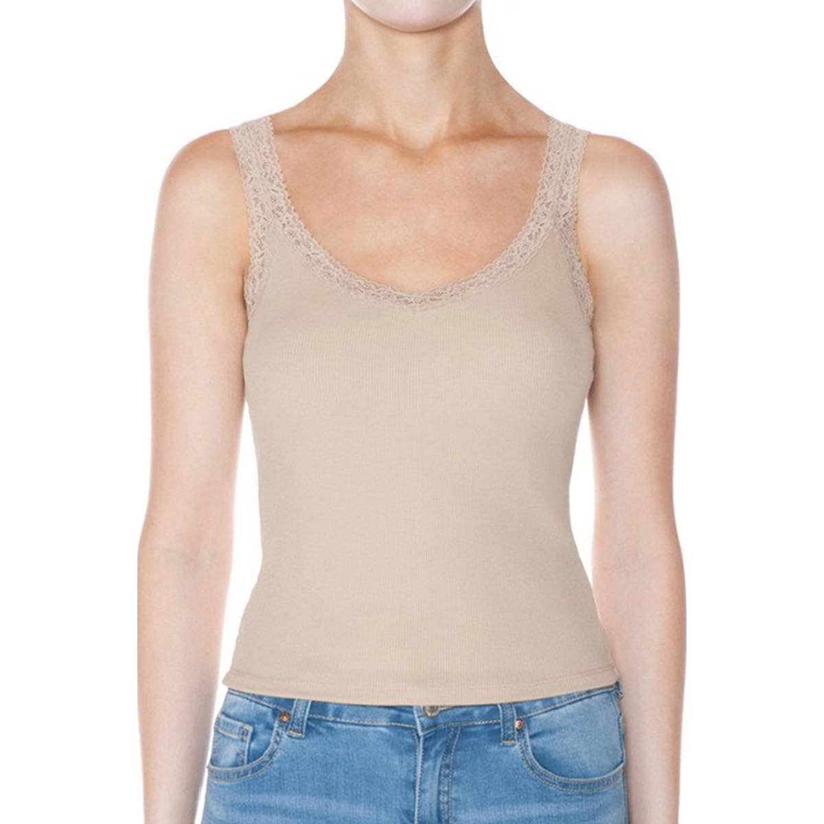 RIBBED V NECK LACE TRIMMED TANK TOP