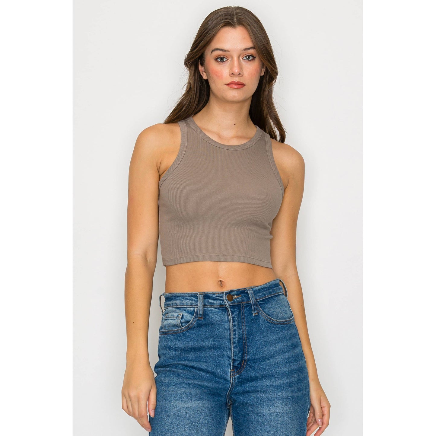 Cropped High Neck Ribbed Tank Top