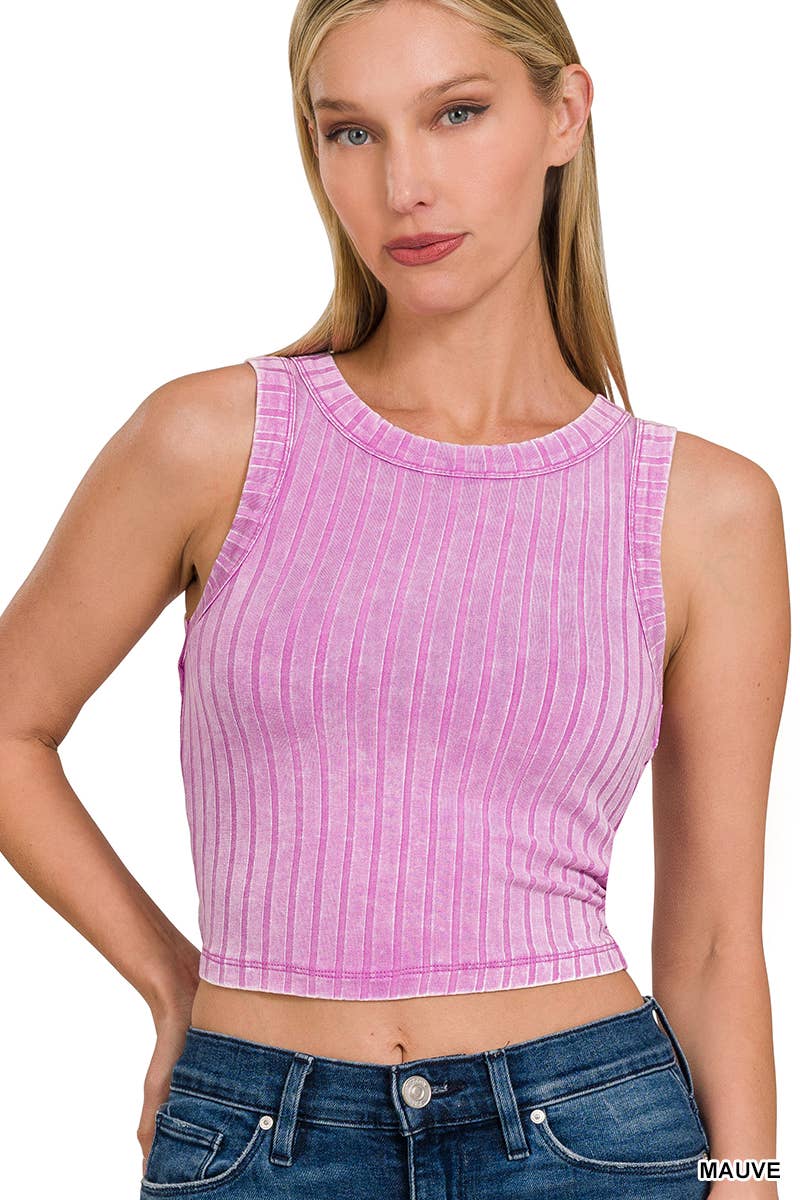.SI-25755 Ribbed Washed Sleeveless Cropped Tank Top