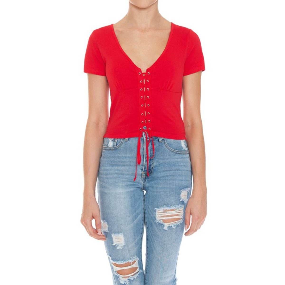 V NECK LACE UP SHORT SLEEVE CROP TOP