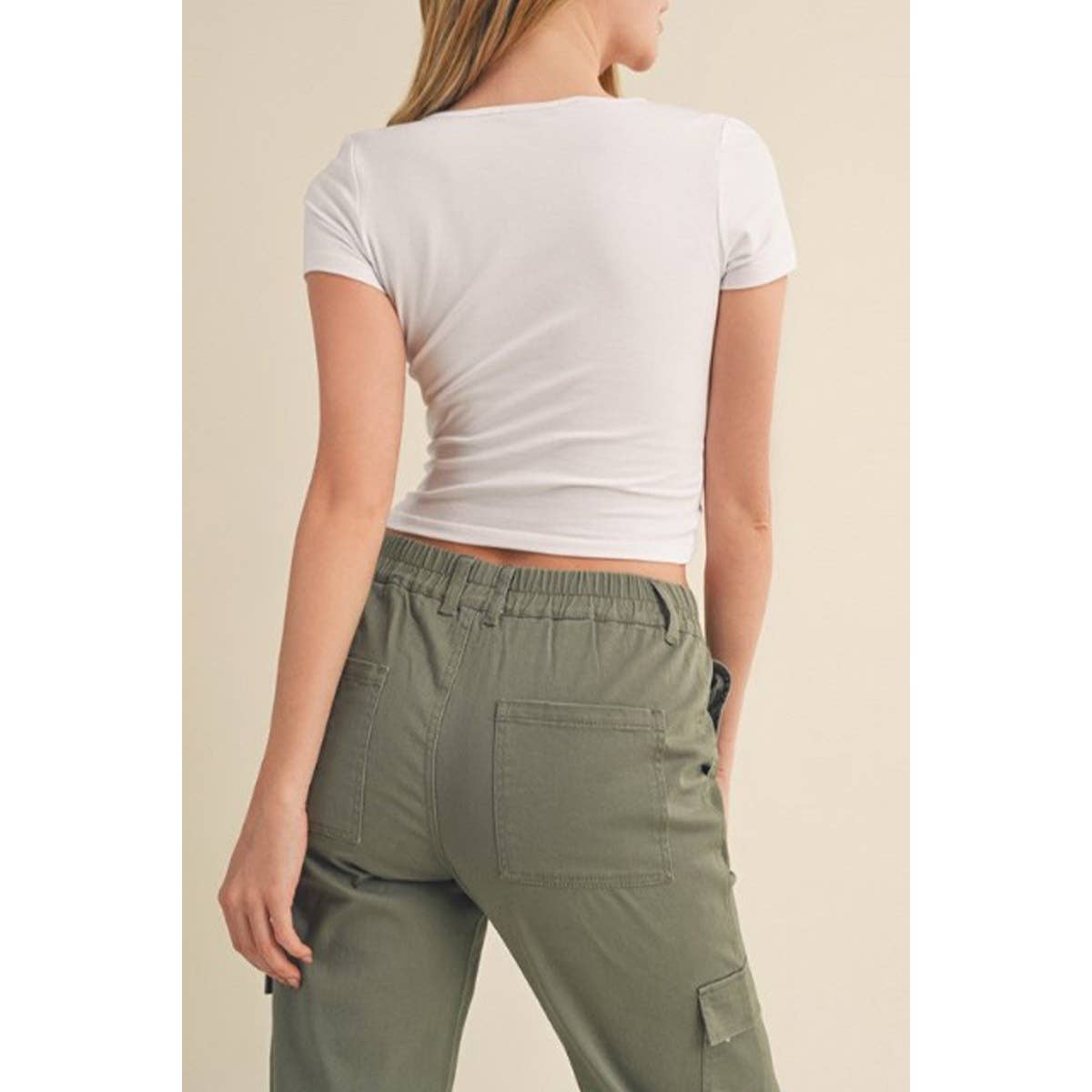 V NECK LACE UP SHORT SLEEVE CROP TOP