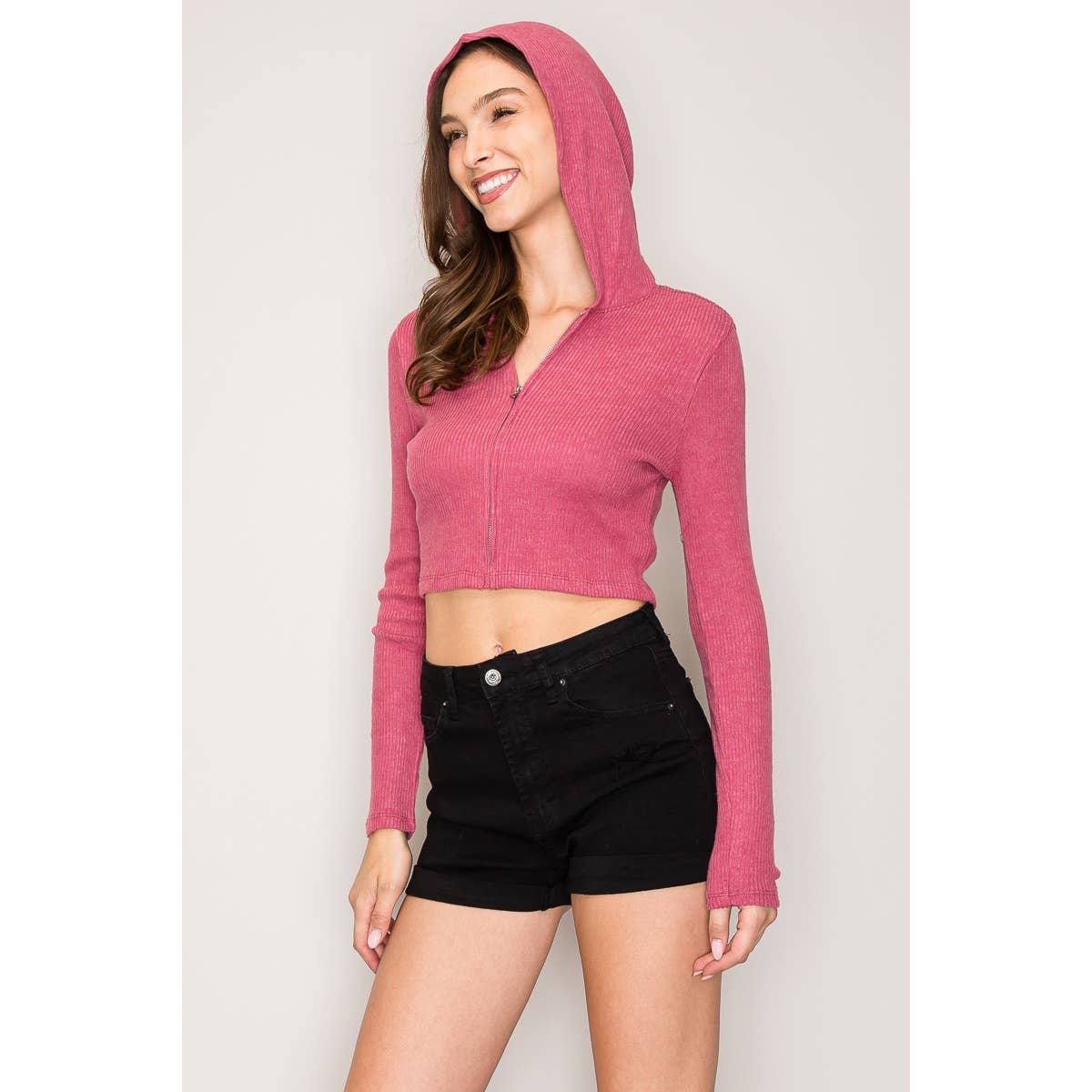Hooded Zipper Front Rib Knit Cropped Jacket