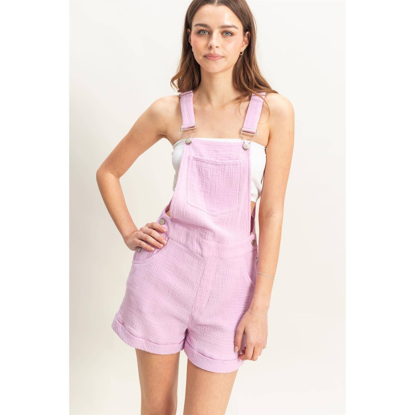 HF25C466-Double Gauze Front Pocket Overall Romper
