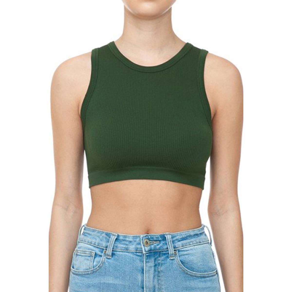 RIBBED ROUND NECK CROP SEAMLESS TANK TOP