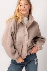 SHERPA FLEECE SNAP BUTTON ZIP POCKET JACKET
