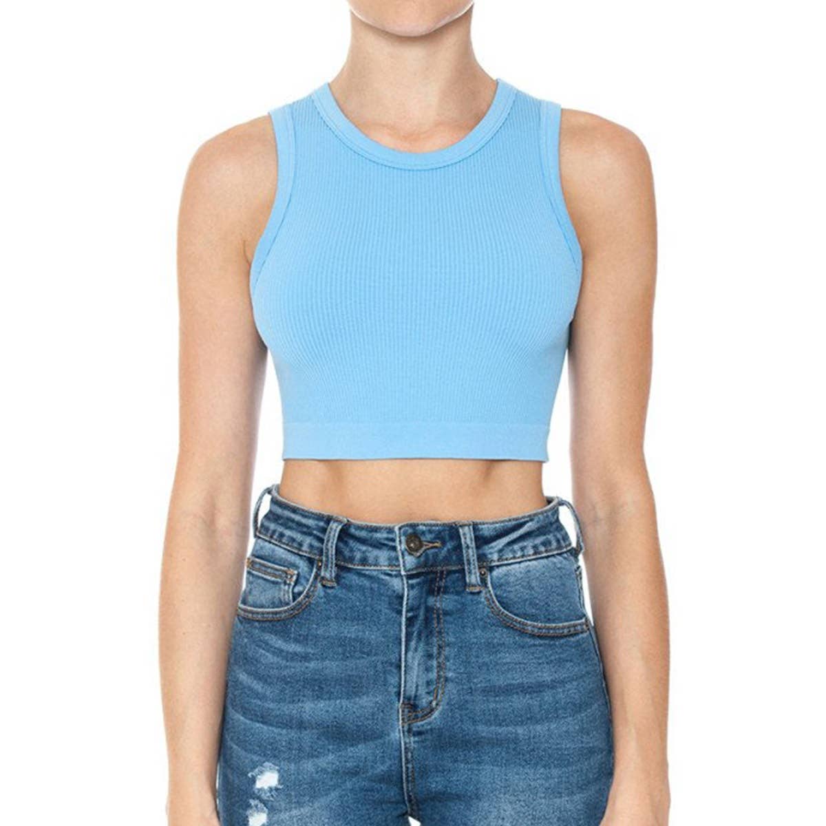 RIBBED ROUND NECK CROP SEAMLESS TANK TOP