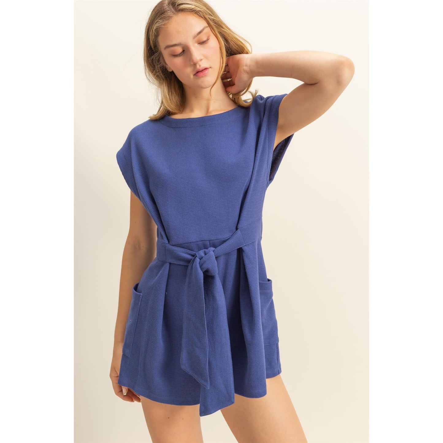 DZ25C387-Tie-Front Waffle Knitted Romper
