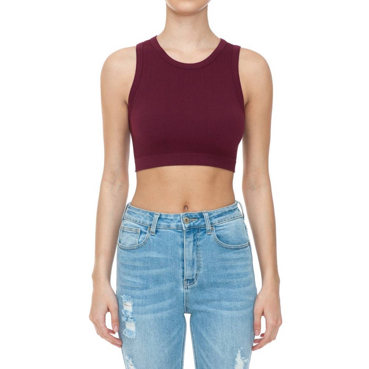 RIBBED ROUND NECK CROP SEAMLESS TANK TOP